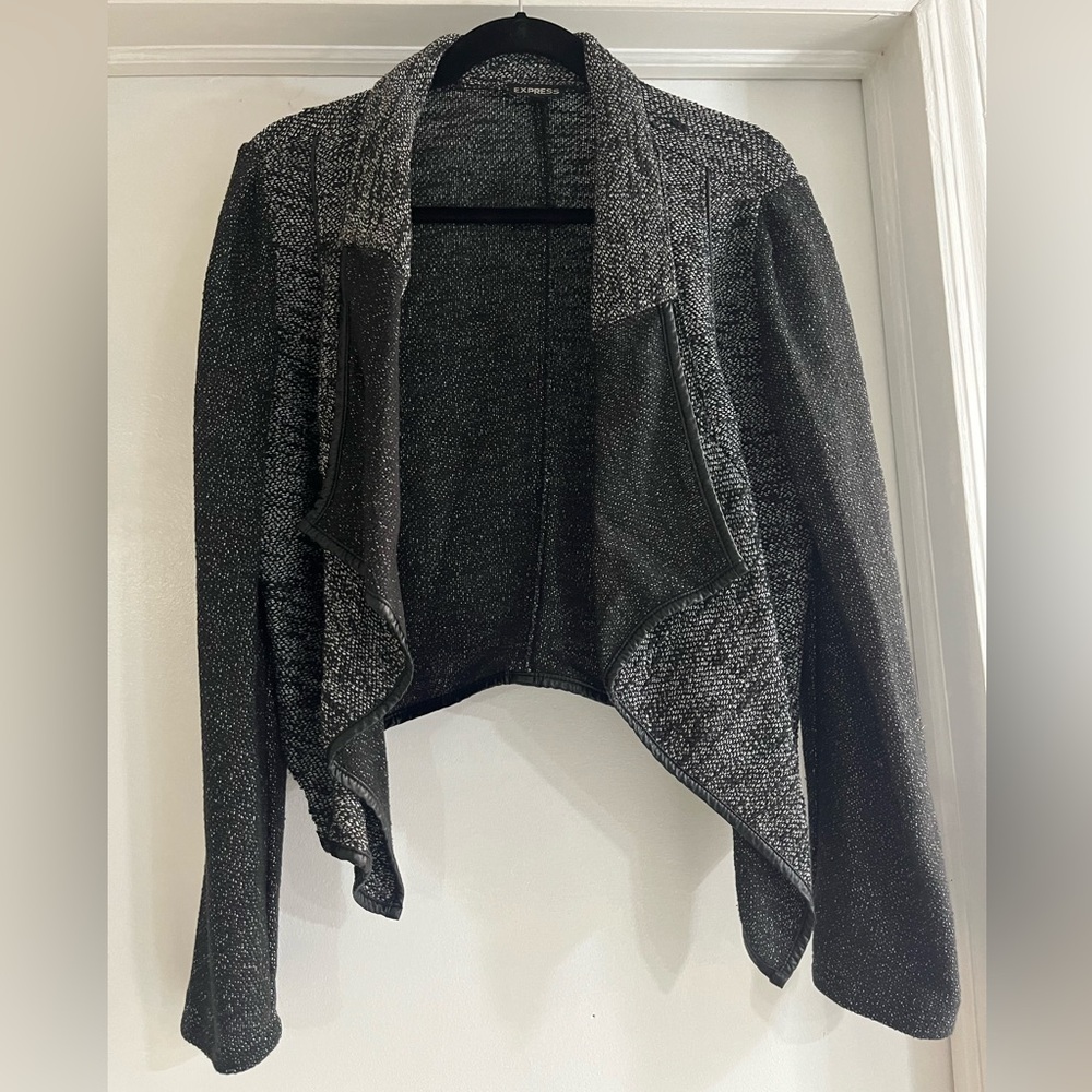 Casual dressy jacket. Faux leather trim. Sweater like material. Lightweight.